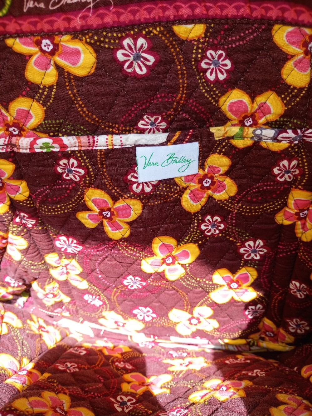 Vera Bradley Burgundy Quilted Tote Interior with Yellow Floral Print